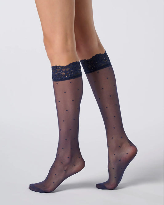 Oroblù Sweetie Gambaletto - Sheer navy blue fashion knee-high socks with an all over dotted heart pattern and floral lace cuff.