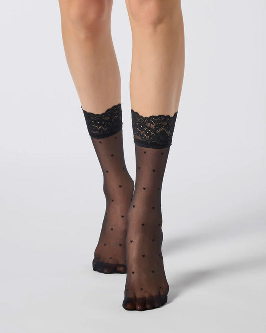 Oroblù Sweetie Calzino - Sheer black fashion ankle socks with an all over dotted heart pattern and floral lace cuff.