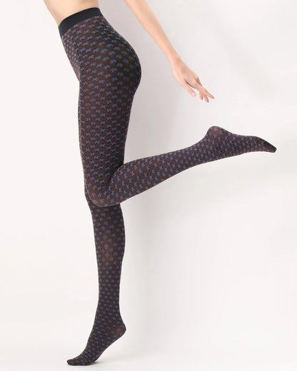 Oroblù Tiny Patterns Tights - Black opaque fashion tights with a woven floral and diamond Victorian tile style pattern in brown and light blue, gusset and soft elasticated waist band. Side view.