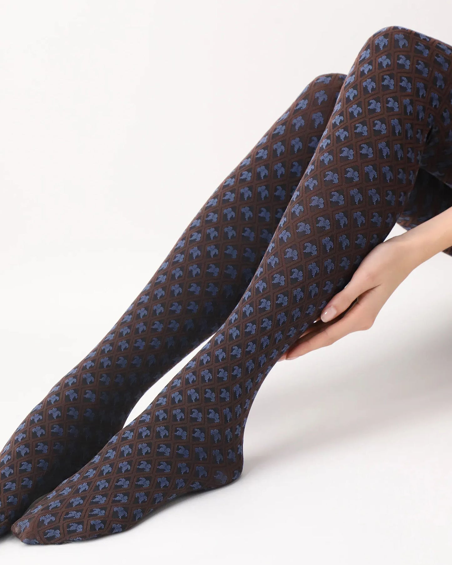 Oroblù Tiny Patterns Tights - Black opaque fashion tights with a woven floral and diamond Victorian tile style pattern in brown and light blue.