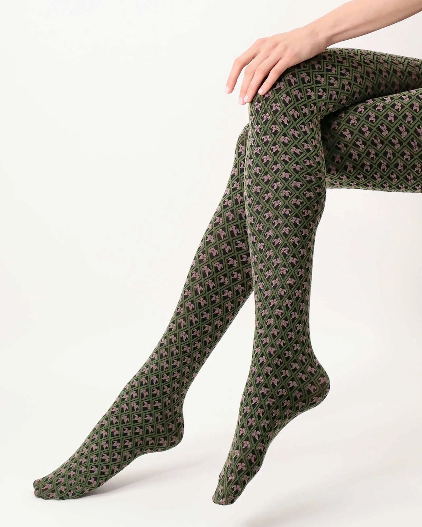 Oroblù Tiny Patterns Tights - Black opaque fashion tights with a woven floral and diamond Victorian tile style pattern in khaki green and pale dirty pink.