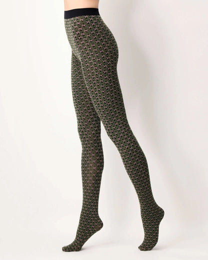 Oroblù Tiny Patterns Tights - Black opaque fashion tights with a woven floral and diamond Victorian tile style pattern in khaki green and pale dirty pink, gusset and soft elasticated waist band. Side view.