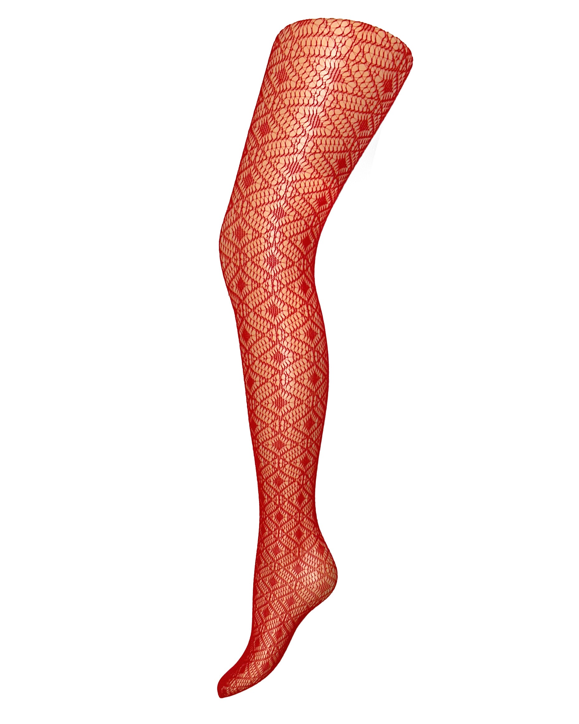 Pamela Mann Red Diamond Net Tights - Red fishnet tights with a diamond crochet style net design, micro-mesh toe.