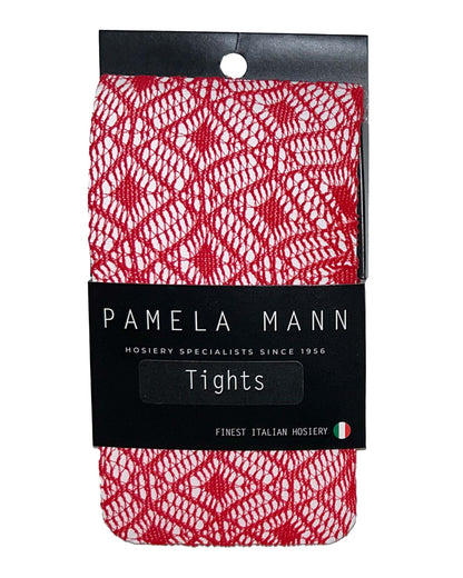 Pamela Mann Red Diamond Net Tights - Red fishnet tights with a diamond crochet style net design, packaging.