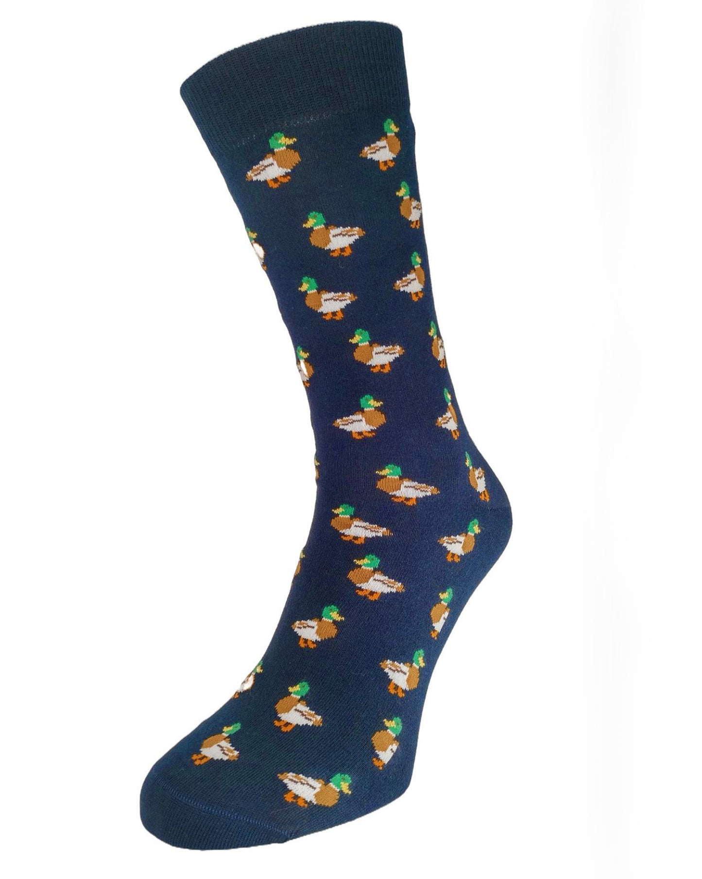 Bonnie Doon Duck Socks - Navy cotton crew length ankle socks with an all over mallard duck pattern in green, brown and off white.