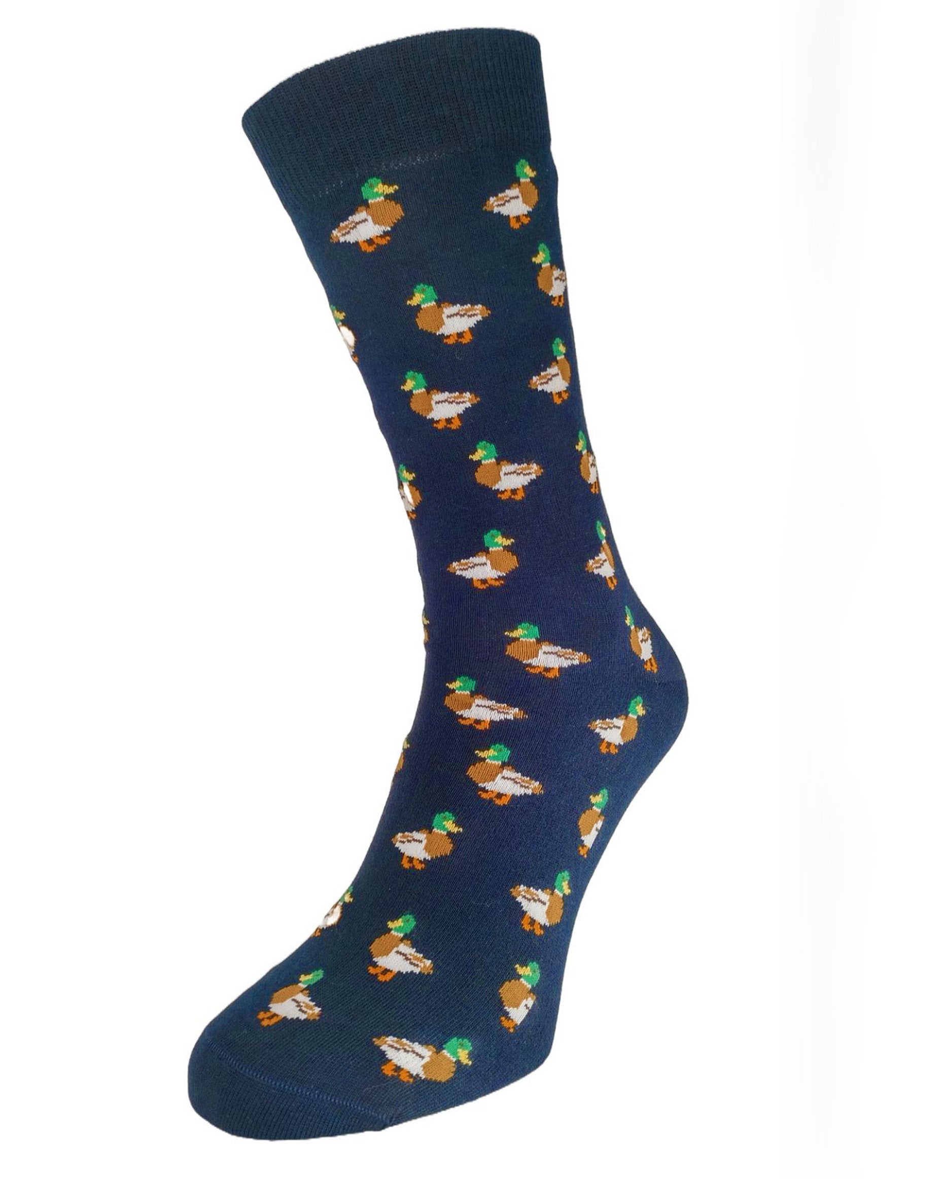 Bonnie Doon Duck Socks - Navy cotton crew length ankle socks with an all over mallard duck pattern in green, brown and off white.