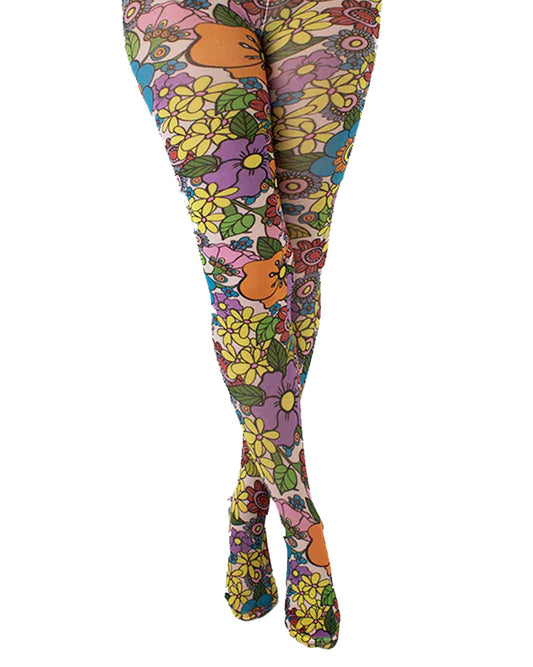 Pamela Mann Flower Power Tights - Pale pink opaque tights with a sixties style flower print pattern in bright shades of purple, yellow, blue, red, pink, orange and outlined in black. Front view.