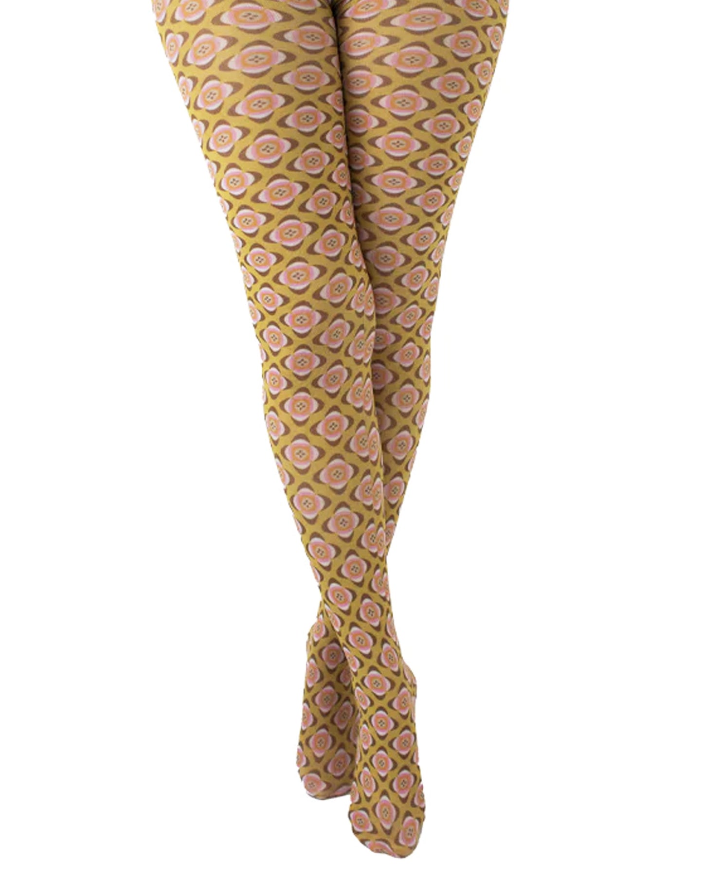 Pamela Mann Nostalgia Tights - White opaque tights with an all over 70's style stylised flower pattern print in pale pink, cream, orange and wine on a mustard background. Close up.