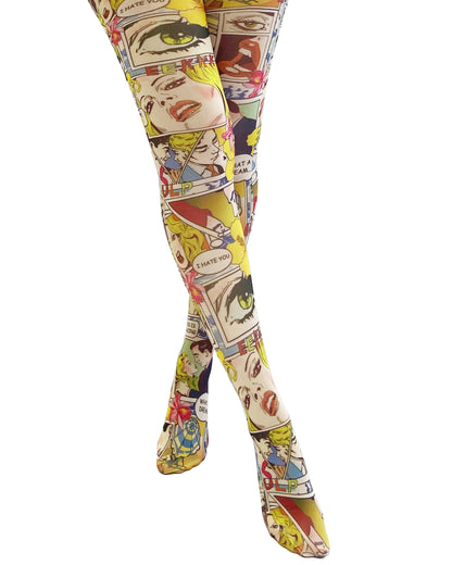 Pamela Mann Paradise Island Printed Tights - White opaque all over multicoloured comic book style printed tights.