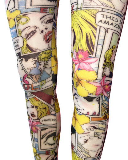 Pamela Mann Paradise Island Printed Tights - White opaque all over multicoloured comic book style printed tights. Close up detail.