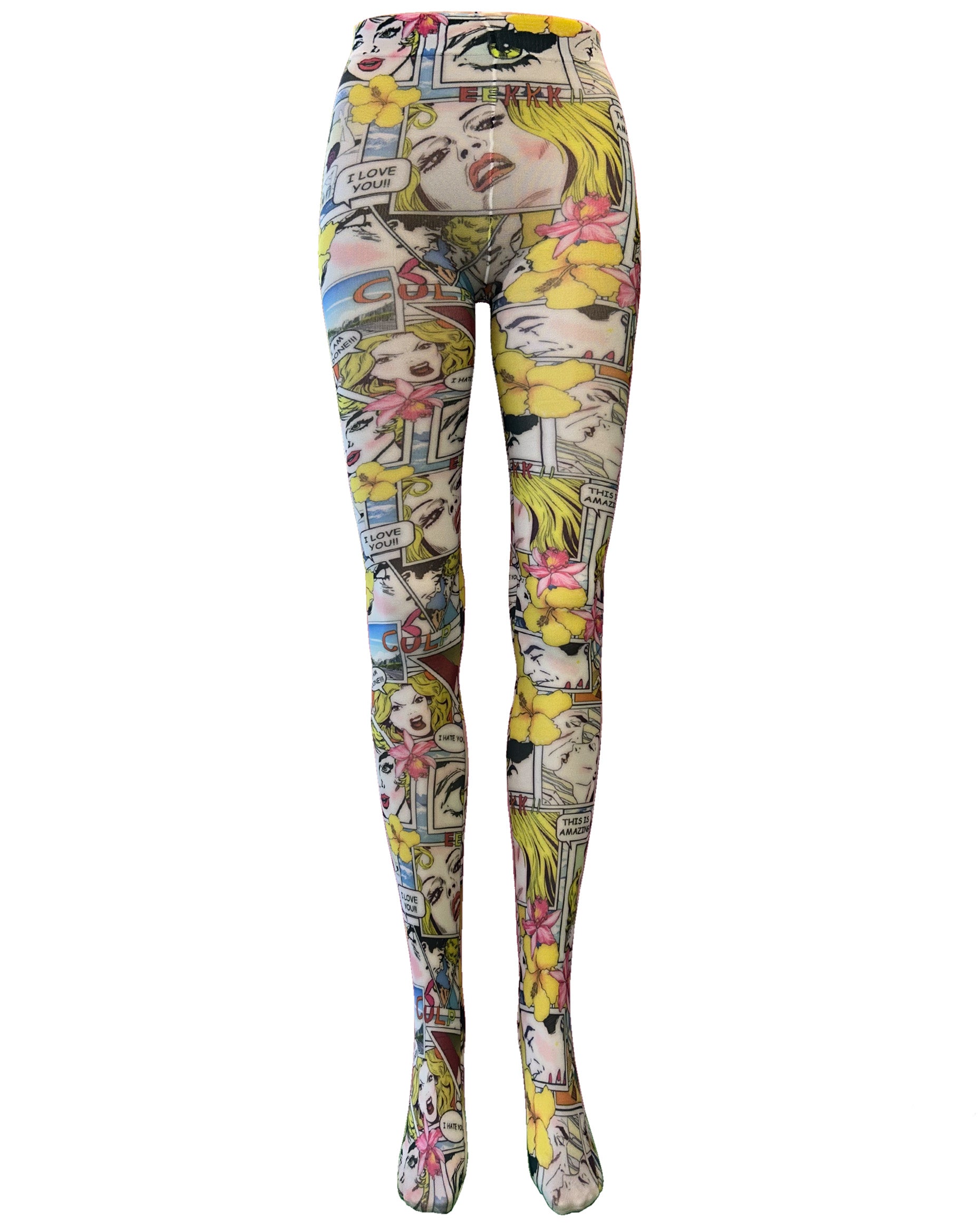 Pamela Mann Paradise Island Printed Tights - White opaque all over multicoloured comic book style printed tights. Full view on mannequin.