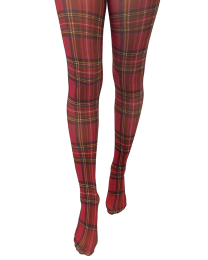 Pamela Mann Red Tartan Tights - White opaque fashion tights with a red tradition style plaid print.