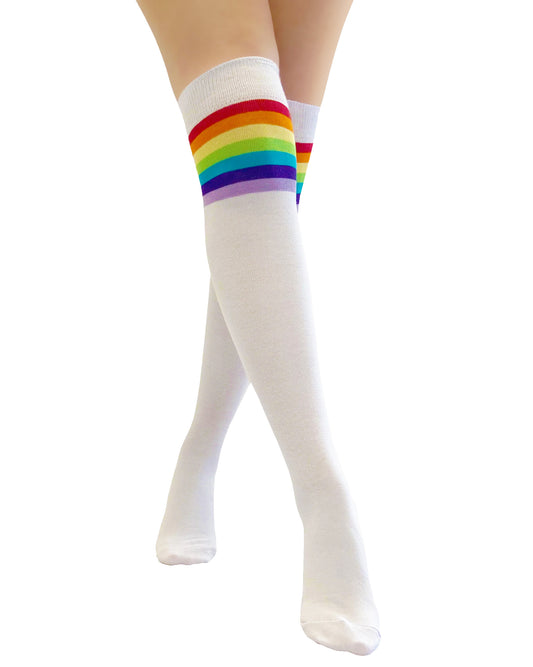 Pamela Mann Referee Rainbow Socks - White over the knee cotton socks with a multicoloured rainbow stripe cuff.