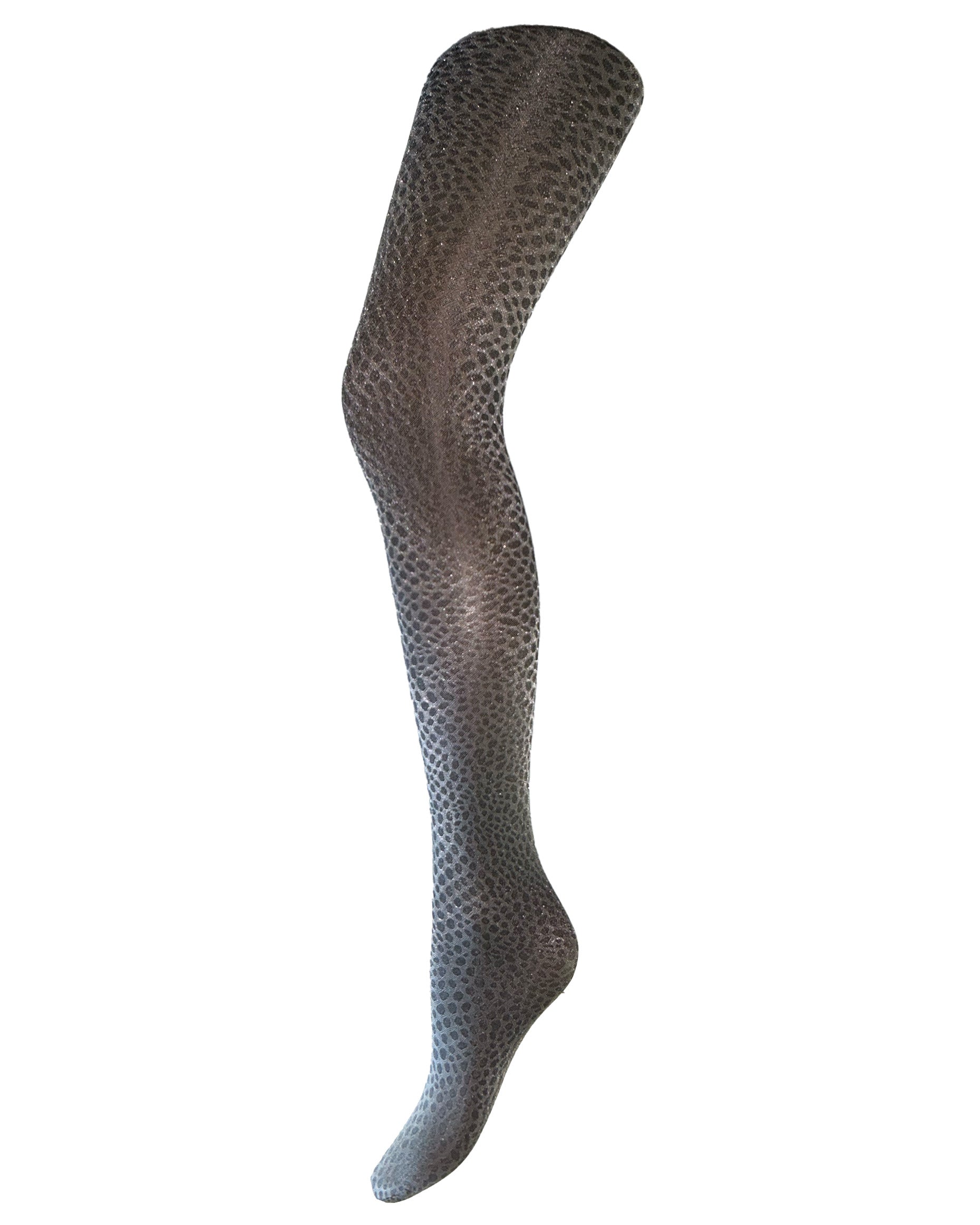 Silvia Grandi Kobra Collant - Semi-opaque silver grey fashion tights with a reptile style pattern, glossy finish side view.