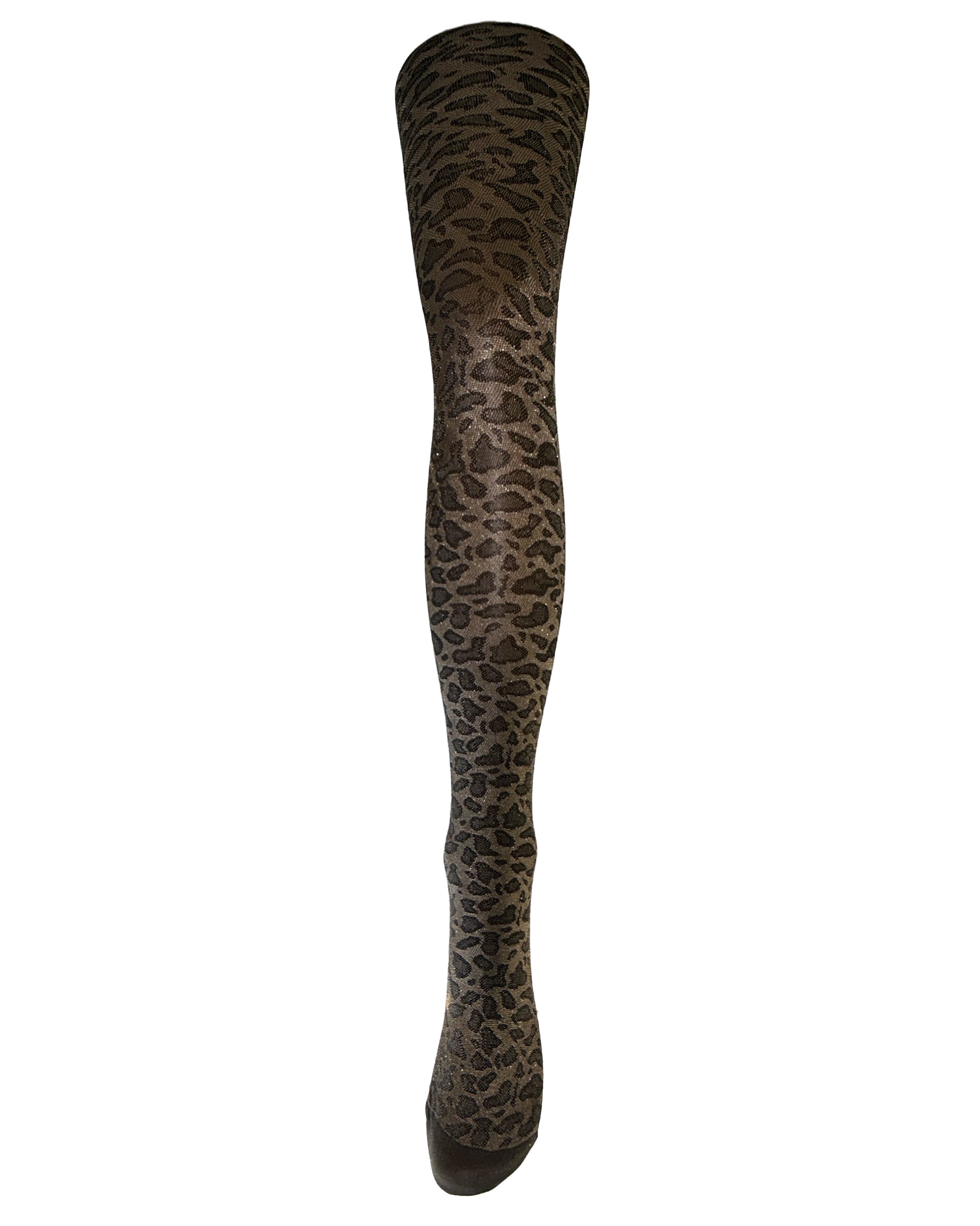 Silvia Grandi Leo Tights - Brown/bronze and black opaque fashion tights with a leopard print style pattern, glossy finish.