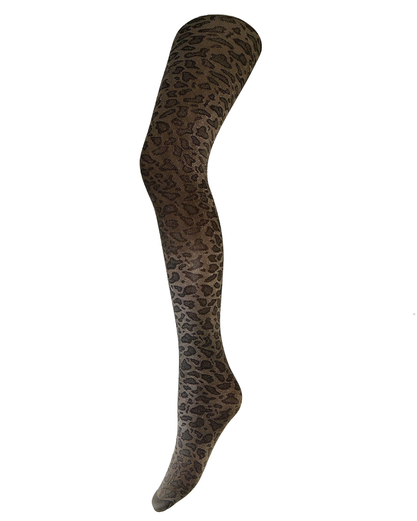 Silvia Grandi Leo Tights - Brown/bronze and black opaque fashion tights with a leopard print style pattern, glossy finish, hygienic cotton gusset, fat seams and comfort waist band. Side view.