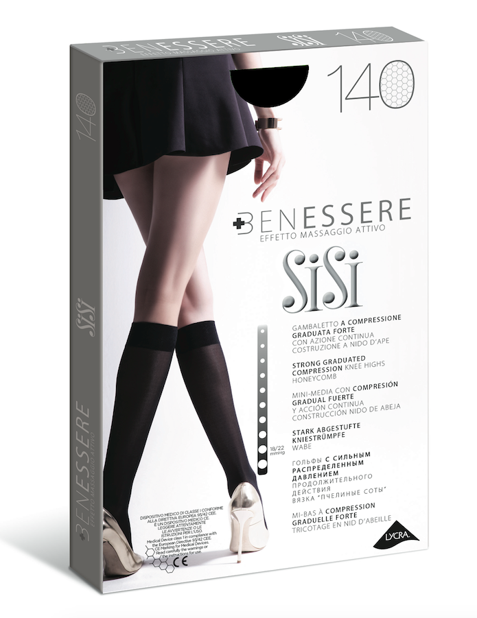 SiSi Benessere 140 Gambaletto - Light tan strong graduated compression knee-high socks with a semi-sheer honeycomb style finish, deep comfort cuff. Packaging.