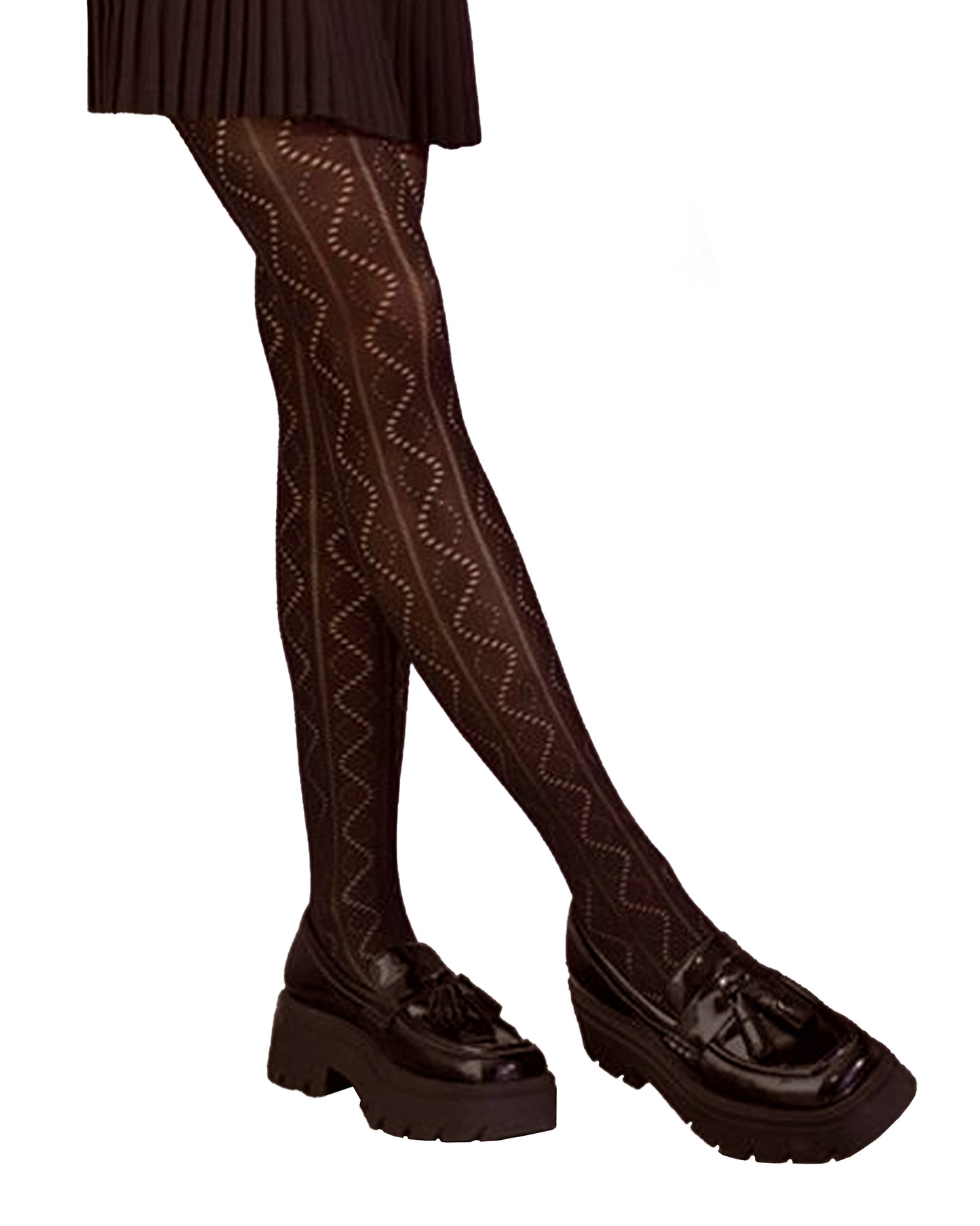 SiSi 1797 Crochet Collant - Brown soft opaque fashion tights with a sheer stripe and wavy dotted perforated style horizontal pattern. Worn with blazer pleated dress and chunky brogues.