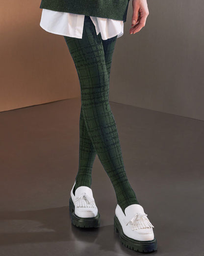 SiSi Fog Collant - Dark green matte opaque fashion tights with a black tartan/plaid style pattern.