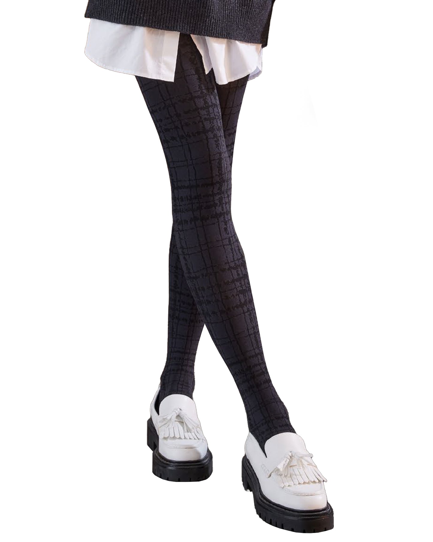 SiSi Fog Collant - Dark grey matte opaque fashion tights with a black tartan/plaid style pattern.