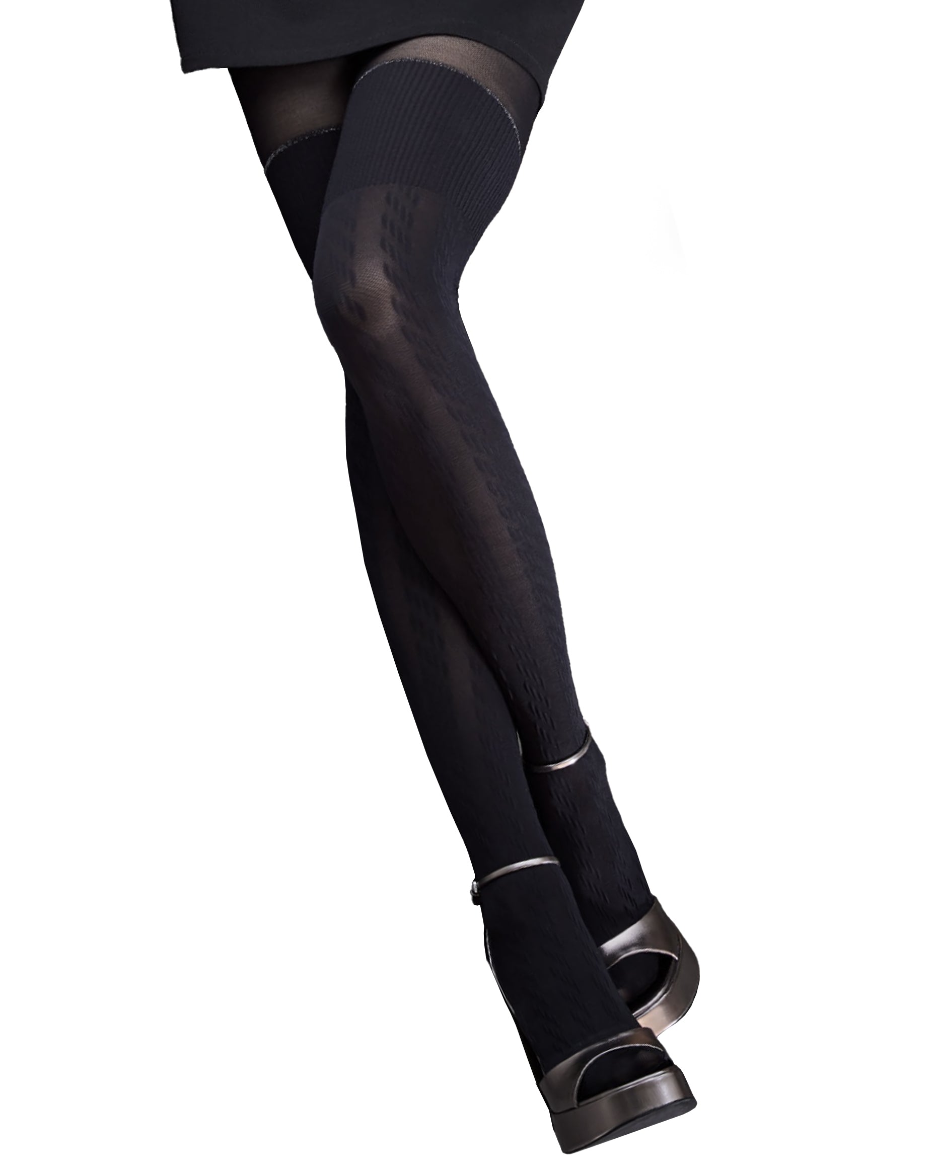 SiSi Kelly Collant - Sheer black fashion tights with an opaque cable knit textured over the knee sock effect.