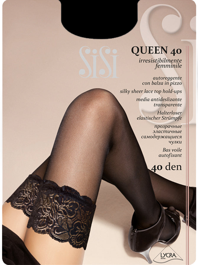 SiSi Queen 40 Autoreggente Packaging - Black opaque hold-ups with a luxury lace top with double silicone and reinforced toe.