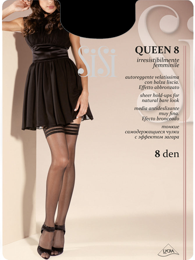 SiSi Queen 8 Autoreggente - Ultra sheer black hold-ups with a smooth top with clear stripes and silicone. Packaging