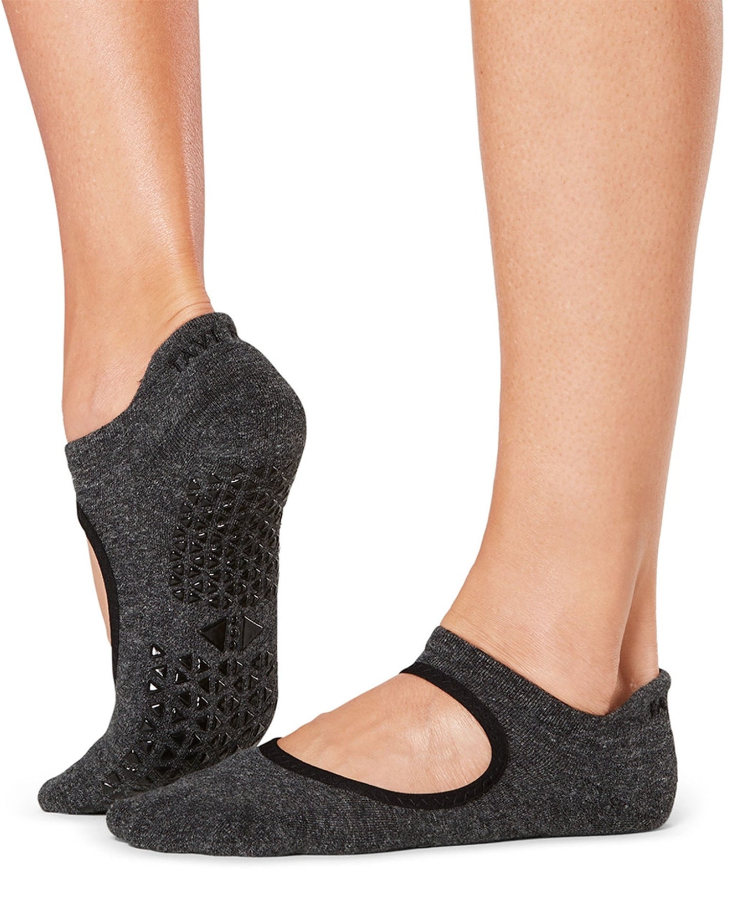 Tavi Noir Emma Socks - dark fleck grey low ankle cotton yoga and pilates socks with gripper sole and open front ballerina style.