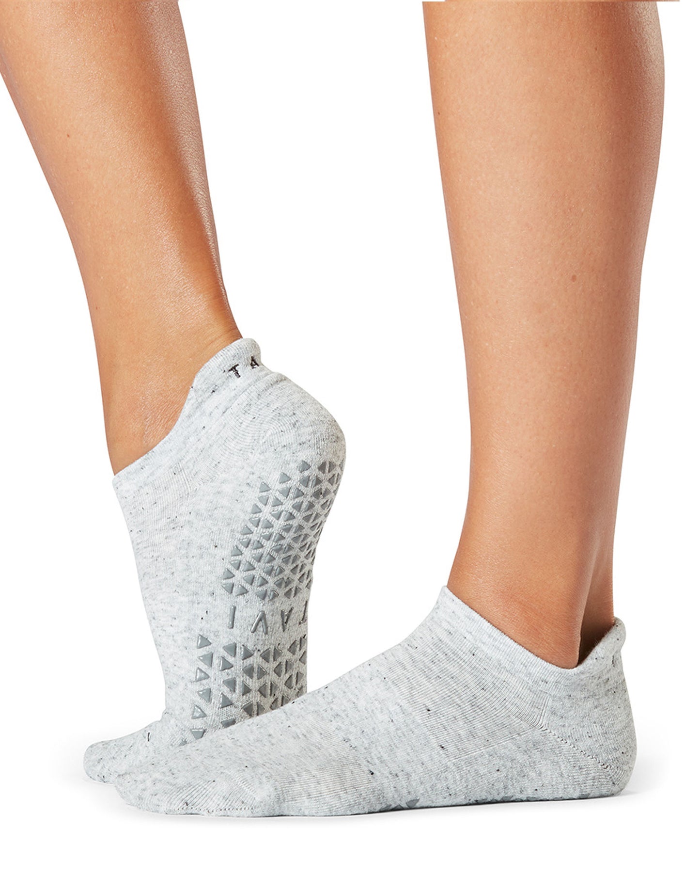 TaviNoir Savvy - light grey fleck low ankle cotton yoga and pilates socks with gripper sole.