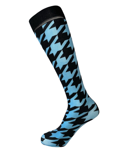 Trasparenze Cpernicus Knee-highs - Light blue opaque fashion knee-high socks with a bold and large black houndstooth pattern with contrasting colour and deep comfort cuff.