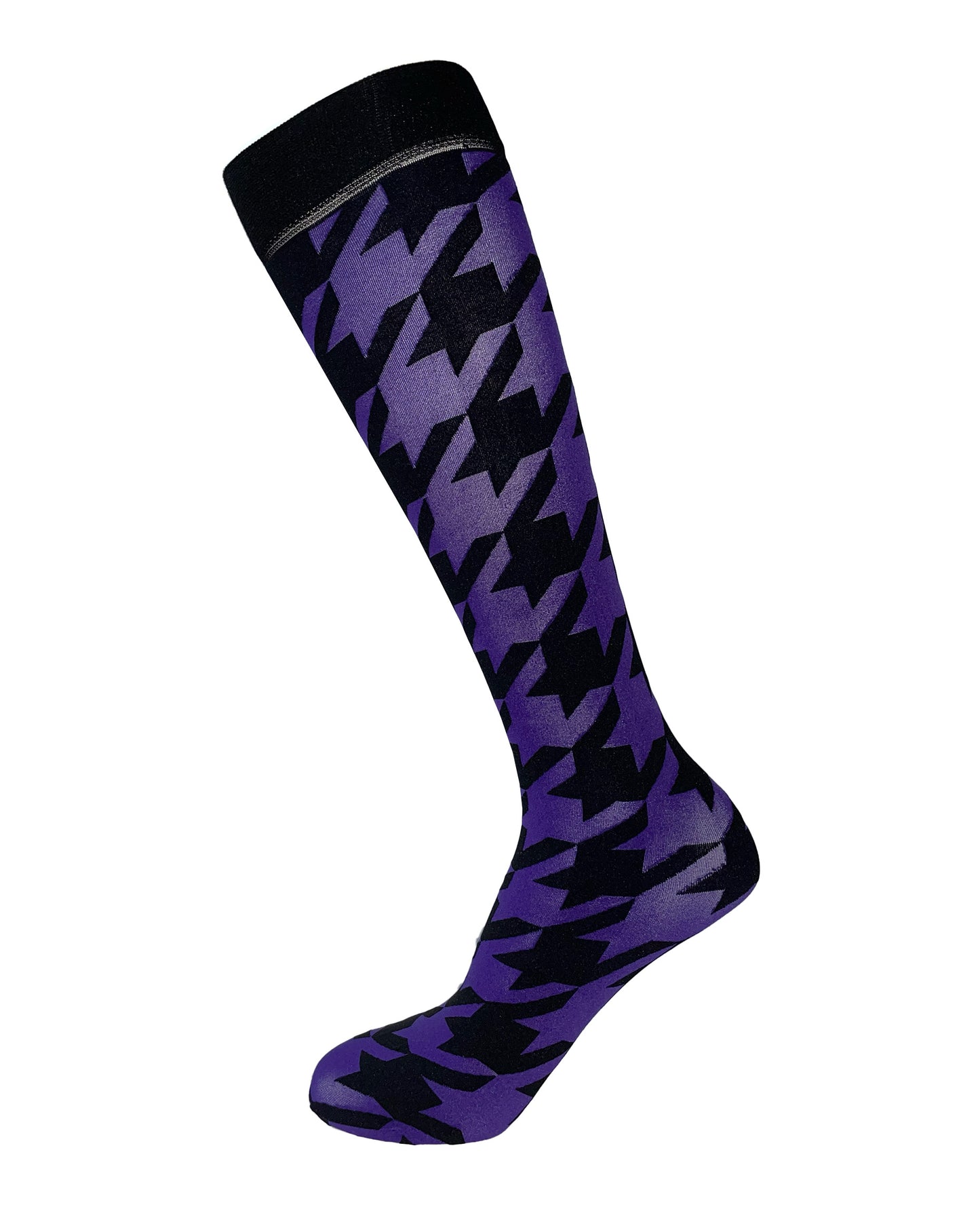 Trasparenze Cpernicus Knee-highs - Dark purple opaque fashion knee-high socks with a bold and large black houndstooth pattern with contrasting colour and deep comfort cuff.