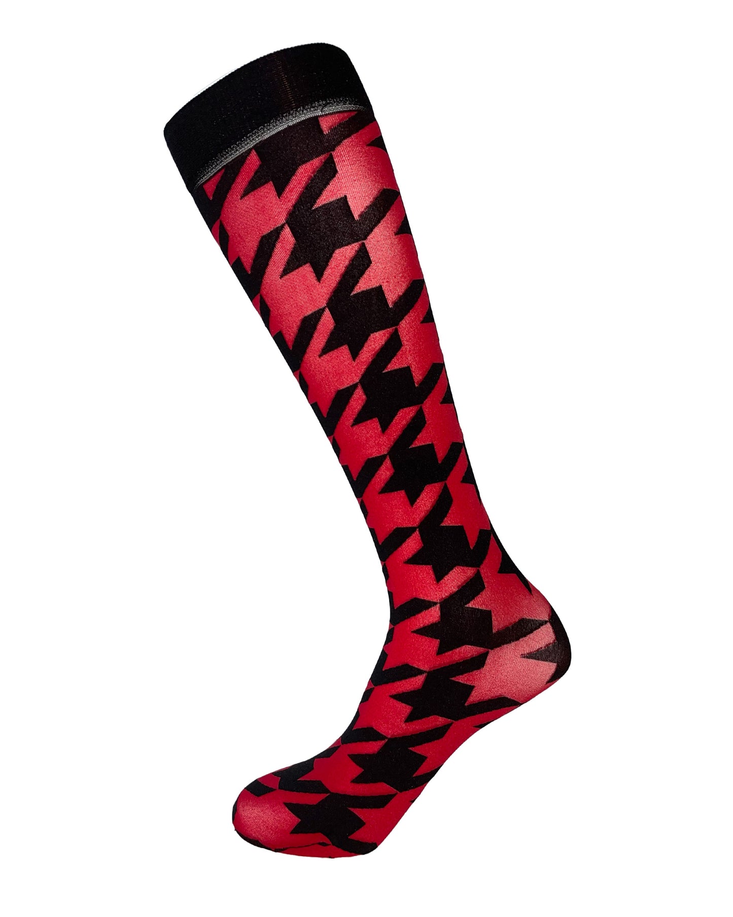 Trasparenze Cpernicus Knee-highs - Red opaque fashion knee-high socks with a bold and large black houndstooth pattern with contrasting colour and deep comfort cuff.