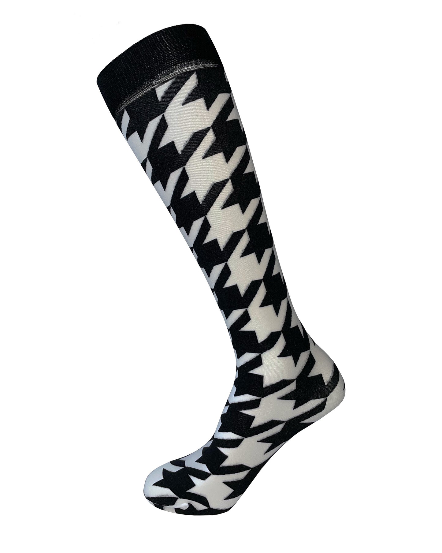 Trasparenze Cpernicus Knee-highs - white opaque fashion knee-high socks with a bold and large black houndstooth pattern with contrasting colour and deep comfort cuff.