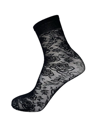 Trasparenze Enif Calzino - Black semi sheer floral pattern ankle socks with plain deep comfort cuff.