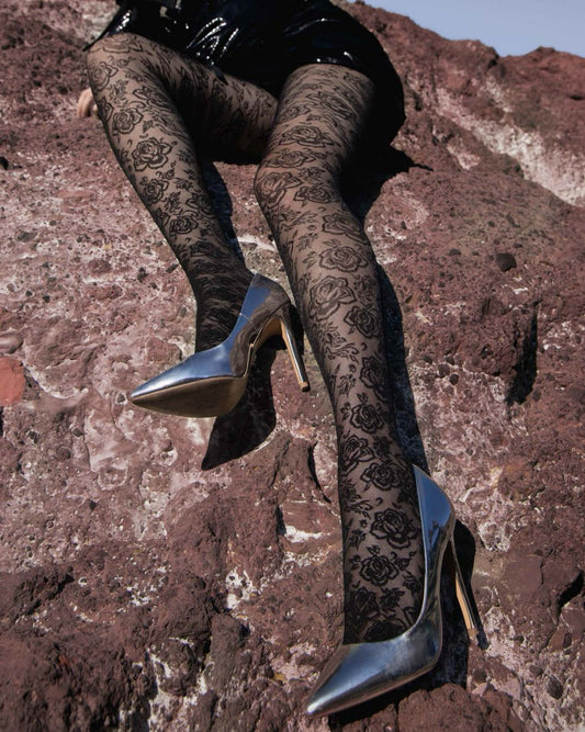 Trasparenze Enif Collant - Black semi sheer floral pattern tights with flat seams and gusset.