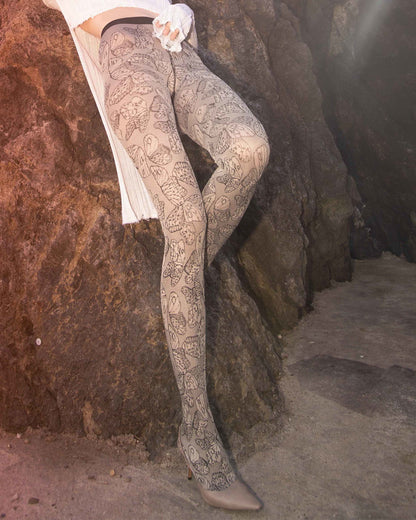 Trasparenze Nashira Collant - Stoney beige opaque fashion tights with all over woven butterfly style pattern in black, flat seams and gusset.