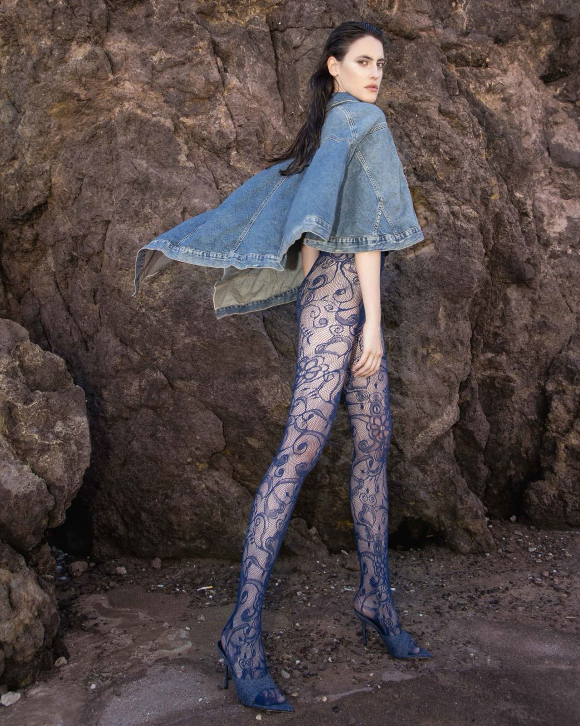 Trasparenze Petra Collant - Navy openwork floral and swirly lace style seamless fashion tights. Worn with denim cape.