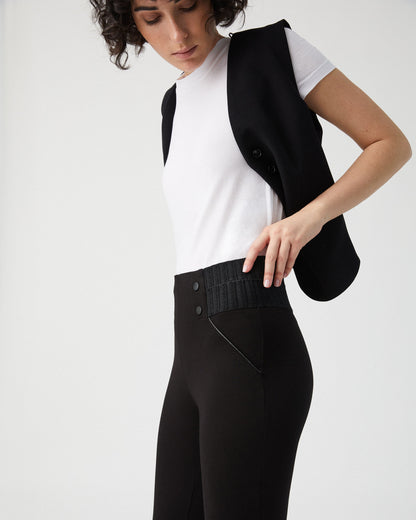 Ysabel Mora 70152 Leggings - High waisted trouser leggings with black faux buttons on the sides and deep ribbed textured elasticated slimming waistband.