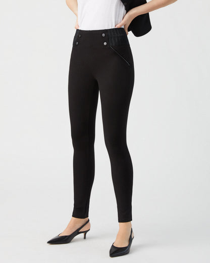 Ysabel Mora 70152 Leggings - High waisted trouser leggings with black faux buttons on the sides and deep ribbed textured elasticated slimming waistband.