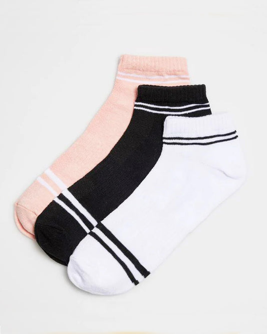 Ysabel Mora 12868 Sporty Socks 3 Pk - Three pack of low cotton ankle socks (black, white and pale pink) with a double sports striped cuff and striped toe with a built in elasticated band across the foot for extra support.