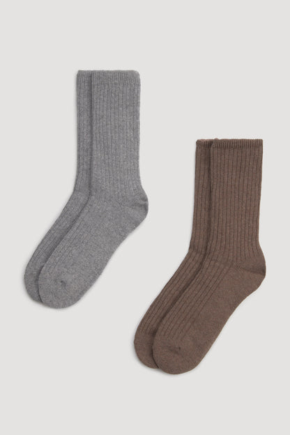 Ysabel Mora Double Sock - Light grey and brown soft and warm fleece lined knitted ribbed socks with soft top cuff.