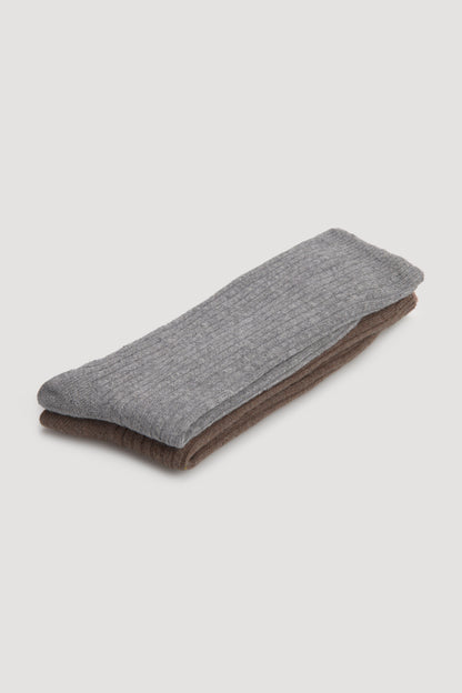 Ysabel Mora Double Sock - Light grey and brown soft and warm fleece lined knitted ribbed socks with soft top cuff.