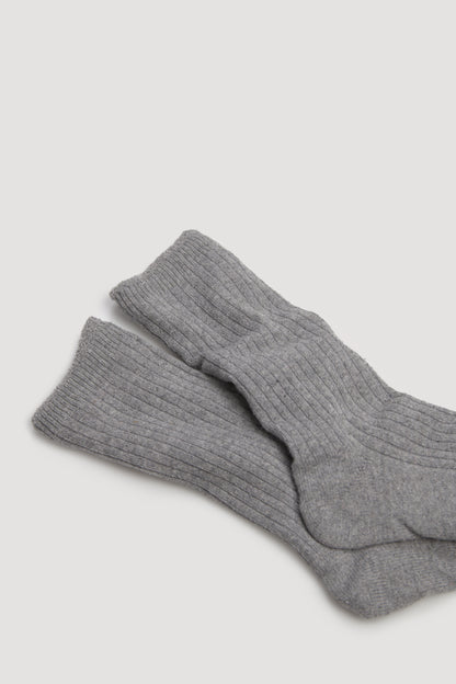 Ysabel Mora Double Sock - Light grey soft and warm fleece lined knitted ribbed socks with soft top cuff.