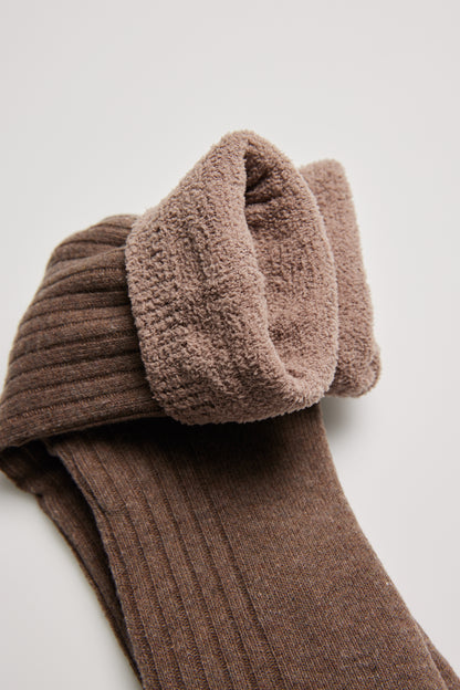 Ysabel Mora Double Sock - Light brown soft and warm fleece lined knitted ribbed socks with soft top cuff.