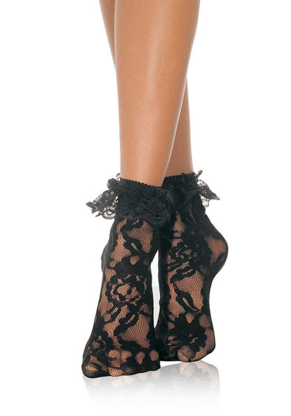 Leg Avenue 3030 Lace Anklet With Ruffle - black lace ankle socks with frilly cuff