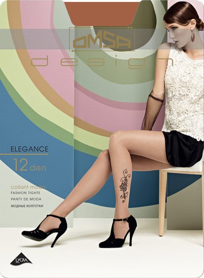 Omsa 3361 Elegance Collant - Sheer tan fashion tights with a black woven floral swirls and butterfly tattoo motif on the outside of both legs, flat seams, hygienic gusset and invisible toes.