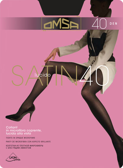 Omsa Satin 40 Collant - Dark antracite grey semi-opaque glossy satin finish tights with cotton gusset, flat seams and high comfort waist.