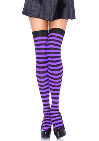 Leg Avenue 6005 Striped nylon thigh highs - purple and black horizontal stripe over the knee socks, can be worn as stockings