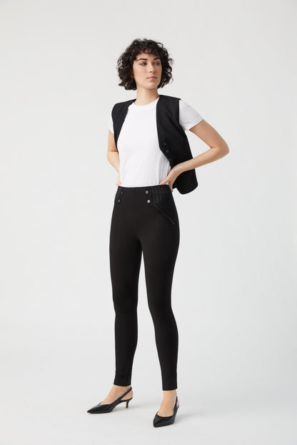 Ysabel Mora 70271 Leggings - High waisted trouser leggings with black faux buttons on the sides and deep ribbed textured elasticated slimming waistband.