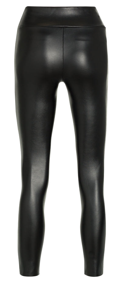 Ysabel Mora 70281 Leggings - Black high waisted faux leather fleece lined trouser leggings with zip closure, ring pull, deep waist band with darts at the back to ensure a snug fit.